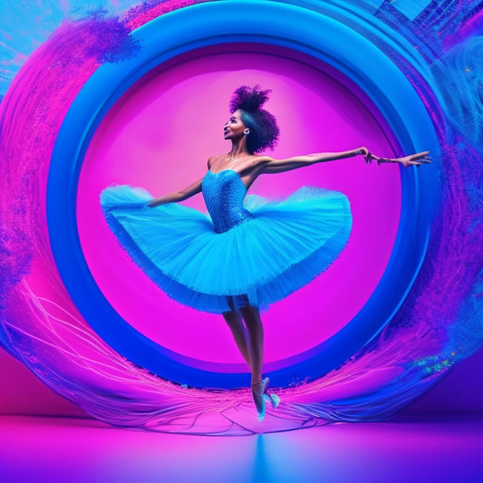 A whimsical illustration of a dancer surrounded by swirling website design elements, such as pixels, coding symbols, and minimalist website wireframes, all in a vibrant, electric blue and pink color scheme.