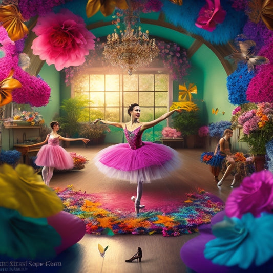 A whimsical illustration of a ballet studio, with tutus, ballet shoes, and musical notes scattered around; a beautiful ballerina in mid-pirouette, surrounded by colorful flowers and butterflies.