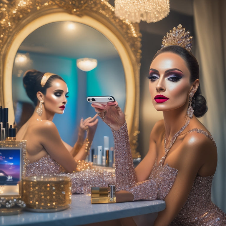 A glamorous dancer in a sparkling costume, sitting in front of a vanity, surrounded by makeup brushes and products, with a smartphone displaying a tutorial on screen, and a mirror reflecting a flawless, stage-ready look.