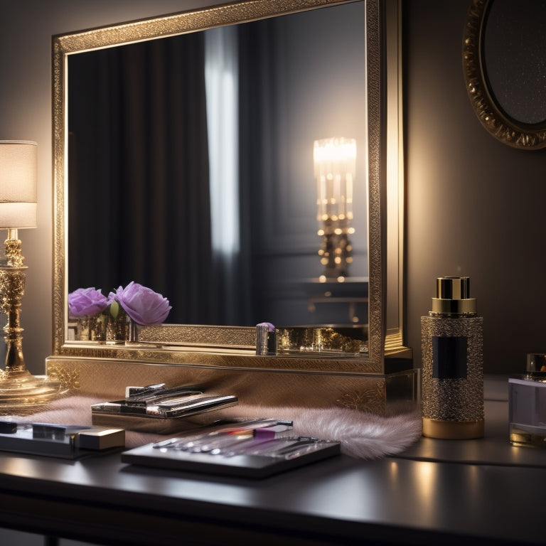 A glamorous, well-lit vanity with a tri-fold mirror, surrounded by an array of makeup brushes, palettes, and products, with a single, elegant dance shoe placed in the foreground.