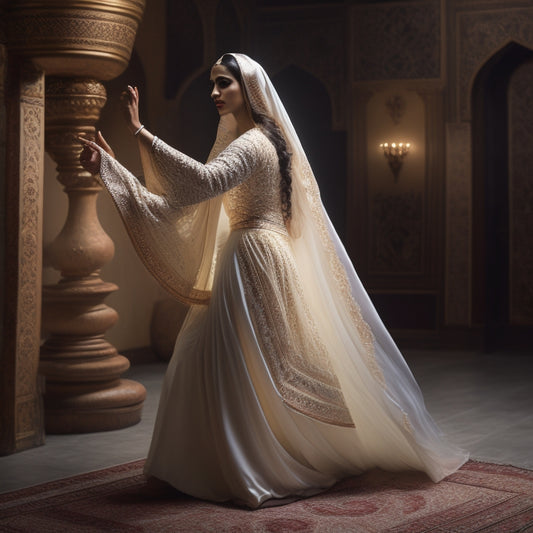 A serene, dimly lit studio with a beautiful, dark-haired woman in a flowing white hijab, gracefully demonstrating a gentle, side-bending Arabic dance-inspired stretch, surrounded by intricate, ornate Middle Eastern patterns.