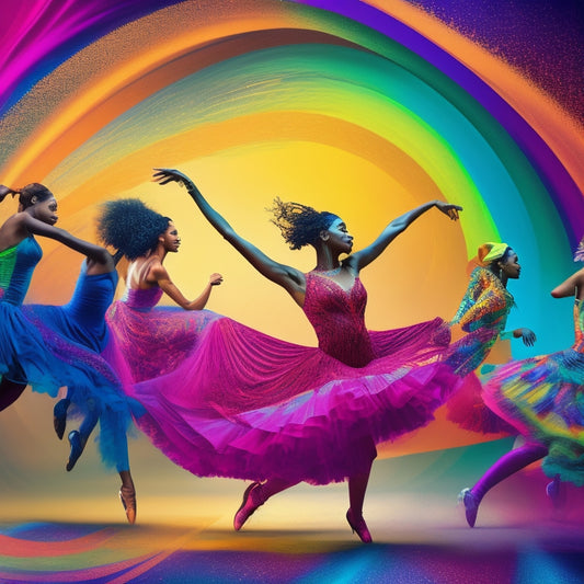 A vibrant, abstract illustration featuring swirling dancer silhouettes of diverse ages, abilities, and ethnicities, surrounded by colorful, swirling shapes and lines evoking movement and energy.