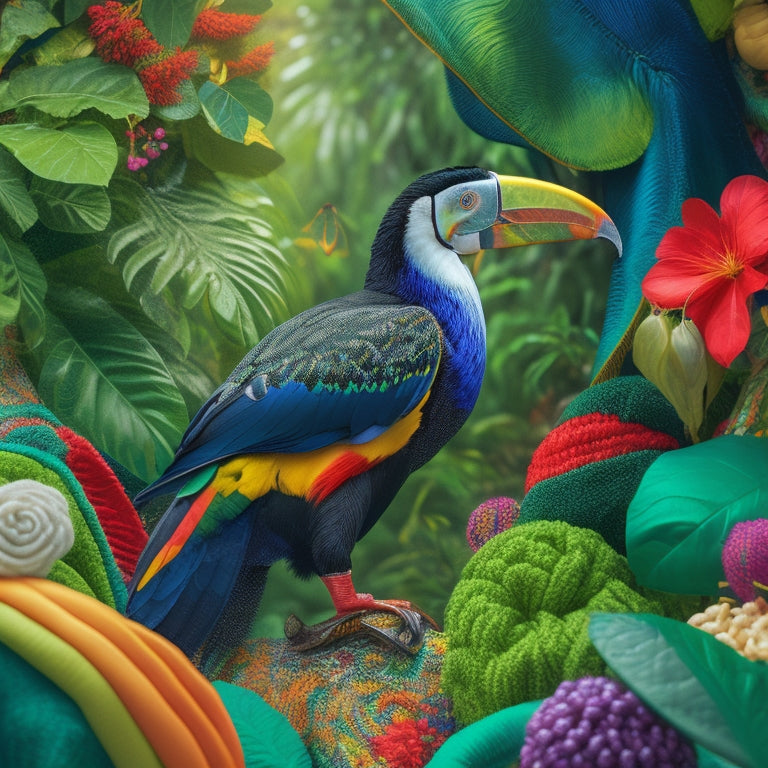 A vibrant, whimsical illustration of a toucan perched on a swirling, rainbow-colored quilt, surrounded by dancing fabrics and threads, amidst a backdrop of lush, emerald-green foliage.