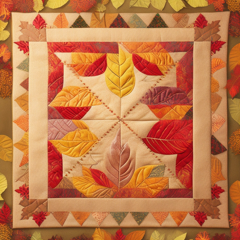 An illustration of a whimsical quilt with autumnal hues, featuring dancing leaves in shades of orange, yellow, and crimson, scattered across a warm beige background, surrounded by subtle leaf silhouettes.