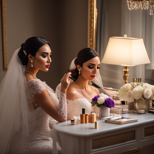 A serene, elegantly-lit dressing room scene featuring a bride-to-be seated at a vanity, surrounded by makeup brushes, skincare products, and hair accessories, with a delicate lace veil draped nearby.
