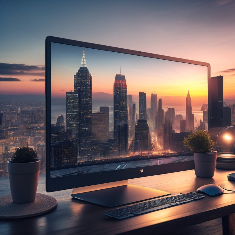 A futuristic desktop with a sleek laptop displaying a beautifully designed website on its screen, surrounded by scattered design elements and a cityscape at sunset in the background.