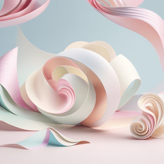 A whimsical illustration featuring a delicate, swirling ribbon unravelling from a central axis, surrounded by dancing shapes and abstract forms in pastel hues, against a soft, white background.