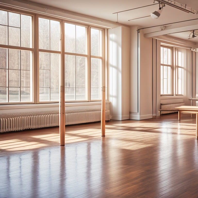 A serene dance studio with a polished wooden floor, a sleek ballet barre lined against a sunlit wall, and a graceful dancer practicing pliés, showcasing fluid movement and focus.