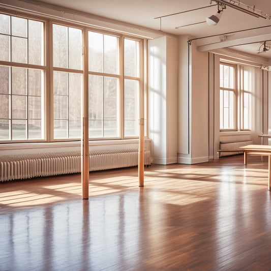 A serene dance studio with a polished wooden floor, a sleek ballet barre lined against a sunlit wall, and a graceful dancer practicing pliés, showcasing fluid movement and focus.