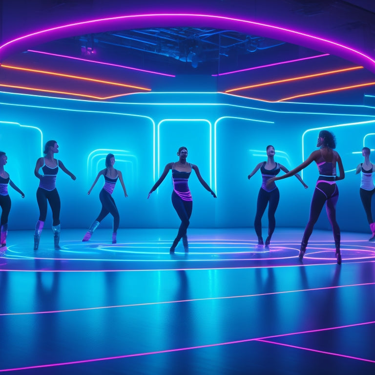 A futuristic dance studio with glowing neon lights, mirrors, and a large screen displaying a digital makeup try-on interface, surrounded by dancing silhouettes and floating digital makeup effects.