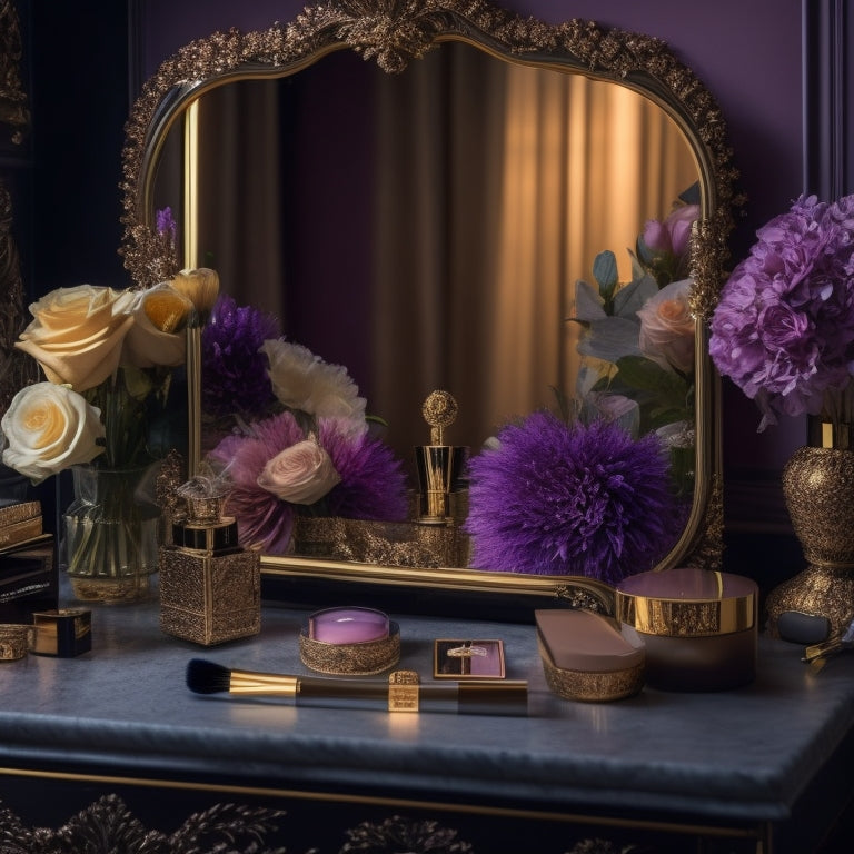 A luxurious, velvet-covered vanity with a ornate golden mirror, adorned with an assortment of high-end makeup products, brushes, and sponges, surrounded by soft, warm lighting and a few strategically placed flowers.