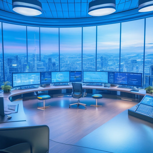 A futuristic, sleek, and modern conference room with rows of virtual reality headsets, laptops, and interactive screens, surrounded by colorful wires and cables, with a cityscape or global map in the background.