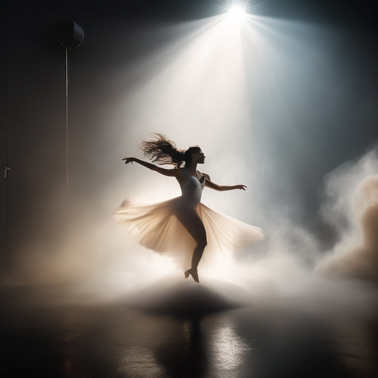 A dramatic, dimly lit dance studio with a solo dancer in mid-air, surrounded by swirling fog, spotlights, and abstract shapes, conveying dynamic energy and creative expression.