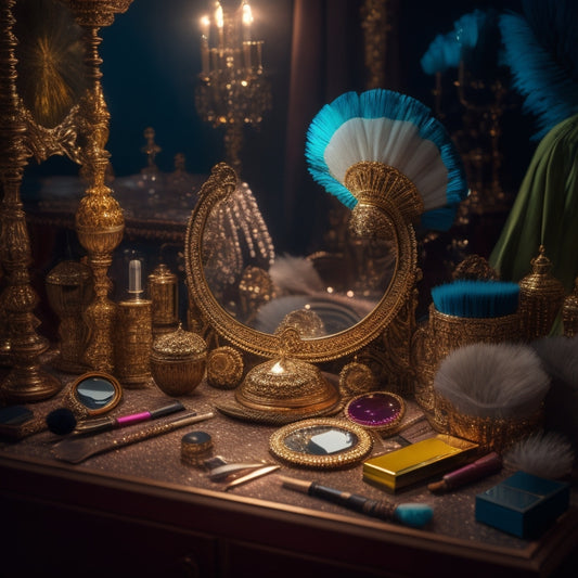 A cluttered, well-lit makeup station with an array of brushes, palettes, and products, spotlighting a central, ornate mirror reflecting a dancer's face, partially made up, with a few stray feathers and sequins nearby.