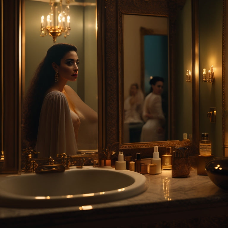 A serene, dimly-lit bathroom scene featuring a person, face obscured, surrounded by an assortment of luxurious skincare products and ornate, antique-inspired mirrors, with soft, golden lighting.