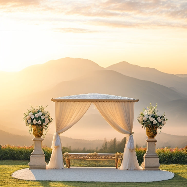 A serene, soft-lit wedding scene: a elegant, white-draped gazebo, adorned with lush greenery and pastel-hued flowers, set against a warm, golden sunset backdrop with rolling hills and misty mountains.