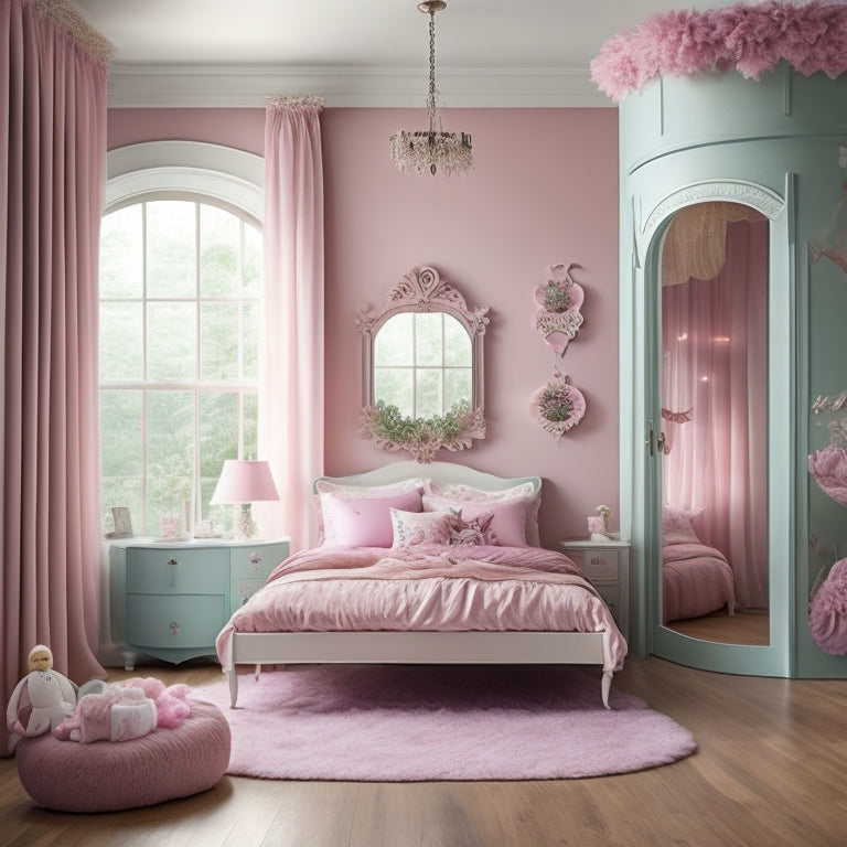 A whimsical illustration of a ballet-inspired girls' bedroom, featuring a canopied bed, tutu-adorned dress form, and walls adorned with discounted ballerina-themed wall art in soft, pastel hues.