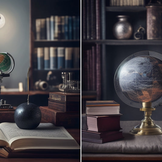 A split-screen image featuring a microscope and a globe on one side, surrounded by equations and diagrams on a chalkboard, and a bookshelf with literature classics on the other side, with a subtle gradient transition between the two.