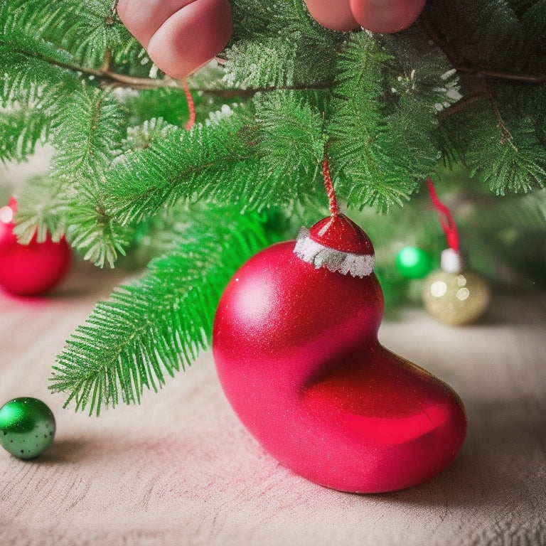 A warm, soft-focus image of a young child's hand and foot prints in white paint on a green or red ceramic ornament, surrounded by festive holly or mistletoe, on a wooden table or rustic background.