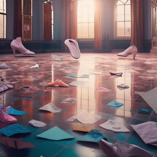 A stylized illustration of a fragmented dance floor, with scattered dance shoes, broken mirrors, and torn curtains, surrounded by faint outlines of various dance styles (ballet, hip-hop, contemporary) in the background.