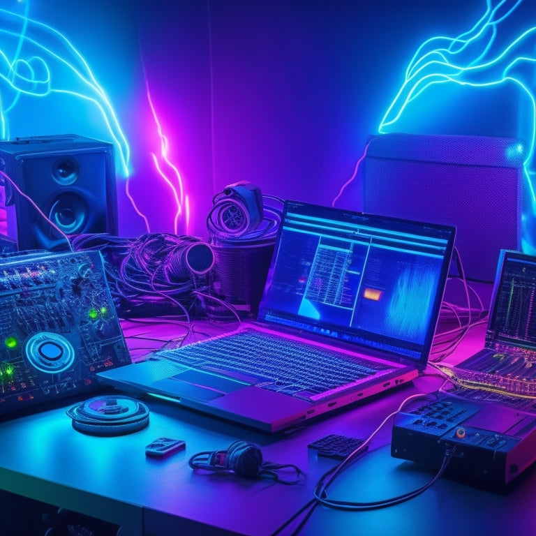 A vibrant, dark blue background with neon-lit dance floor lights, a DJ console, and a laptop surrounded by headphones, microphones, and a camera, all connected by colorful, swirling wires.