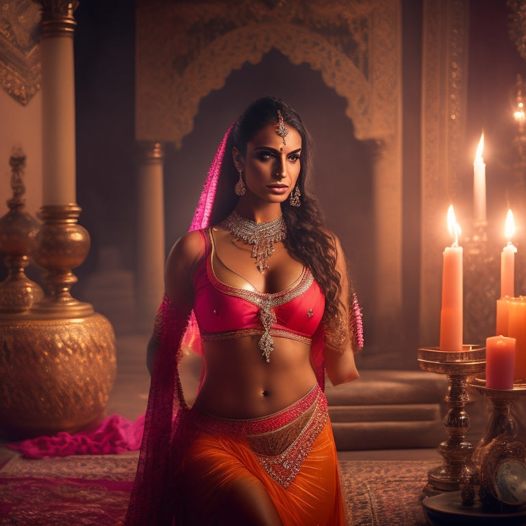 A serene, dimly lit studio with a beautiful, toned woman in her mid-30s, wearing a flowing, vibrant orange and pink belly dance costume, standing in a powerful pose, surrounded by candles and Middle Eastern-inspired patterns.