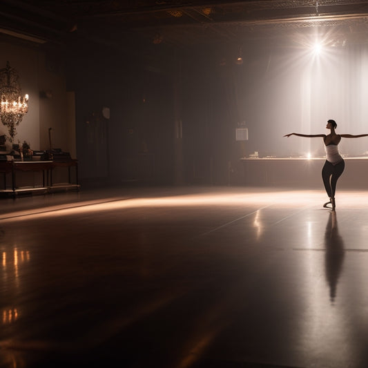 A dramatic, dimly lit dance studio with a lone dancer in a powerful, twisted pose, surrounded by mirrors, ballet bars, and subtle spotlighting, conveying intensity and focus.