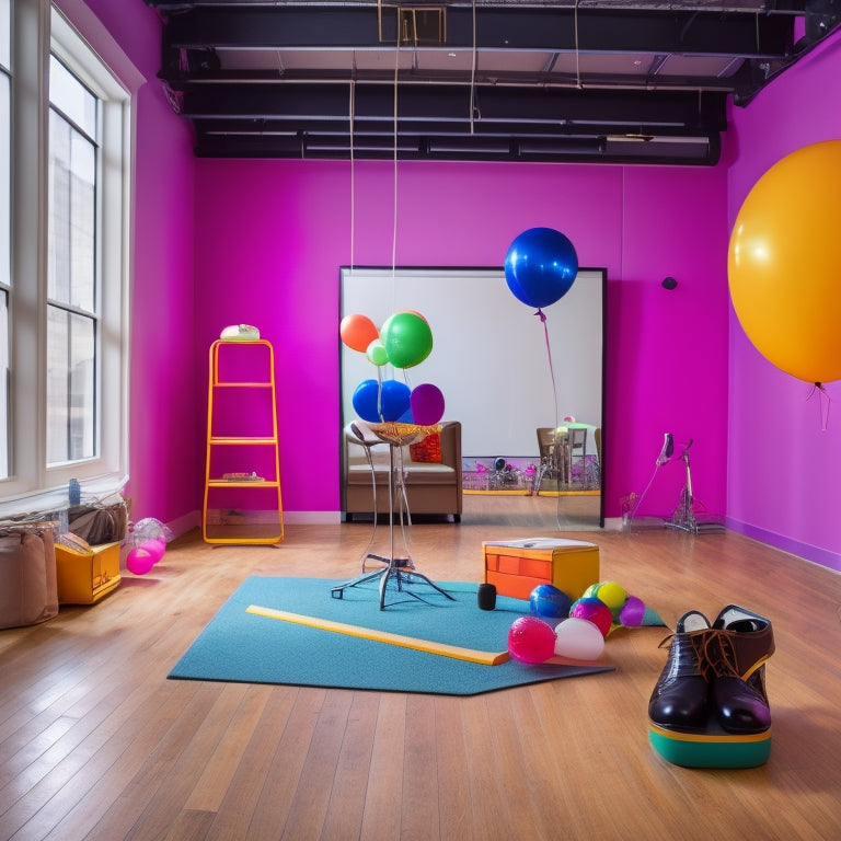 A bright, modern dance studio with a large mirror and wooden floor, featuring a laptop on a chair, headphones, and a pair of dance shoes, surrounded by dance-inspired props and colorful balloons.