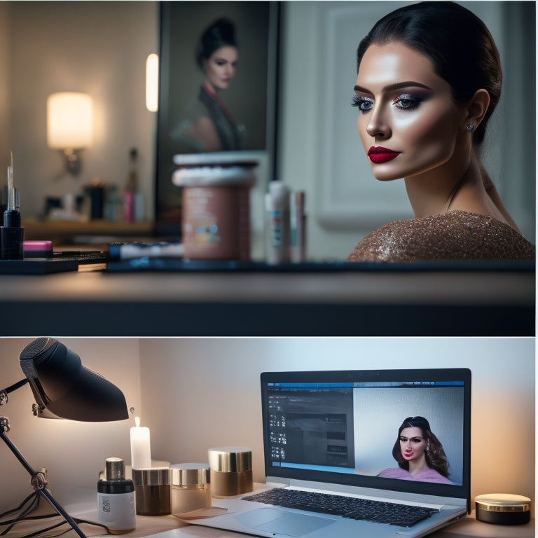 A split-screen image: a cluttered, dimly lit makeup station with outdated makeup products and brushes on one side, and a sleek, modern laptop with a virtual makeup tutorial on the other.