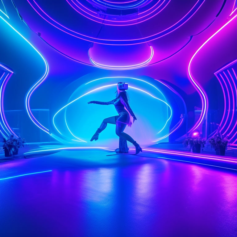 A futuristic, neon-lit dance studio with a lone figure wearing a VR headset and motion-sensing gloves, surrounded by swirling purple and blue lights, with dynamic, swirling lines tracing their hip movements.