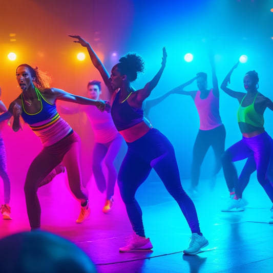 A dynamic, low-lit dance studio scene: a young, confident hip hop dancer, dressed in bold, neon-colored athletic wear, leaps into the air, surrounded by a diverse group of teammates cheering and high-fiving.