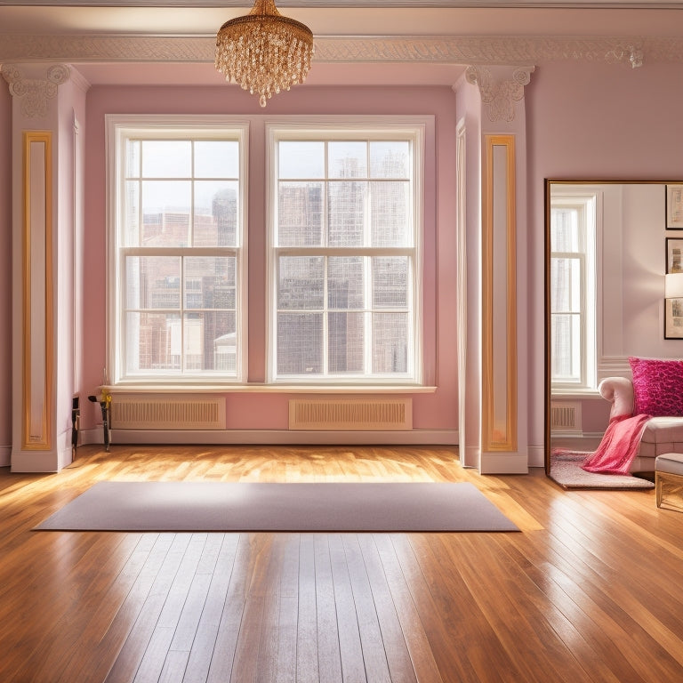 A bright, airy room with a hardwood floor, a large mirror, and a ballet barre along one wall, surrounded by various dance equipment and inspirational dance-themed decor.