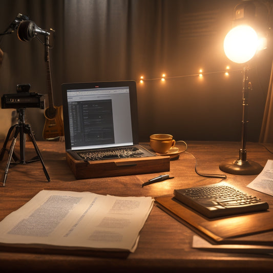 A spotlight shines on a wooden desk, where a laptop and a few sheets of paper with musical notes and stage directions are scattered, surrounded by a few event program templates and a microphone.