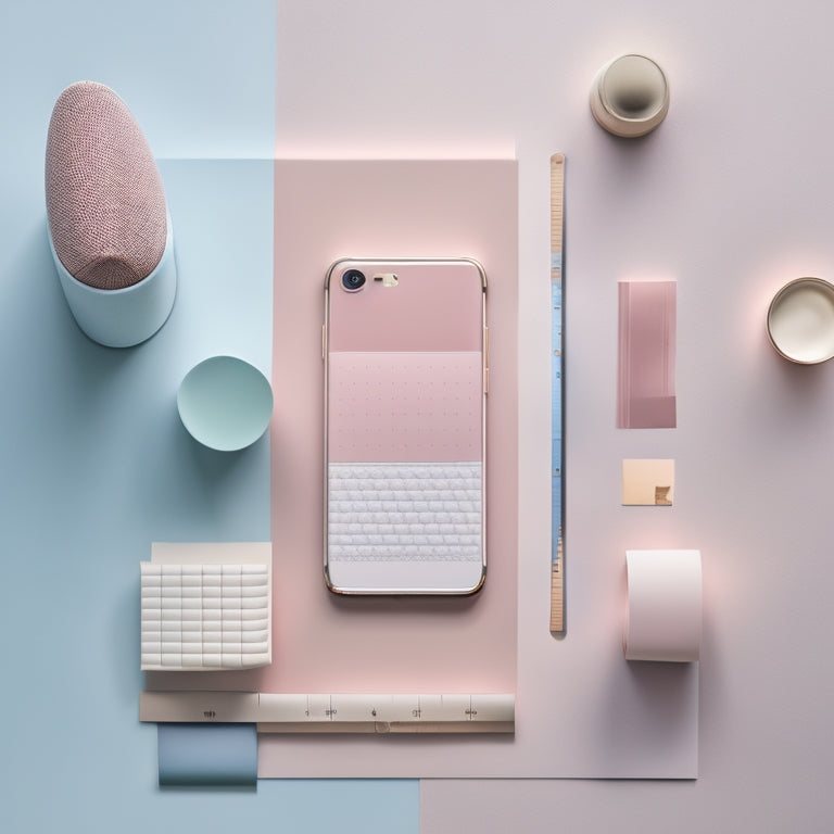 A minimalist, modern smartphone lies on a soft, velvety surface, surrounded by rolled-up wallpaper samples in pastel hues, with a few scattered design elements like color swatches and a miniature ruler.