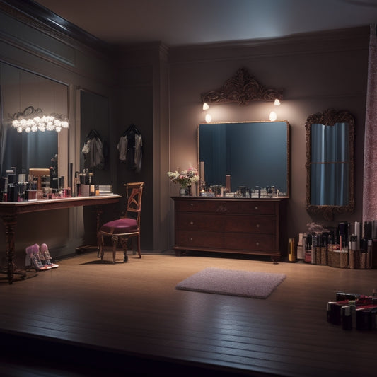 A dimly lit dance studio with a large mirror, a ballet barre, and a few dance shoes scattered around; a makeup station with brushes, palettes, and cosmetics in the corner.