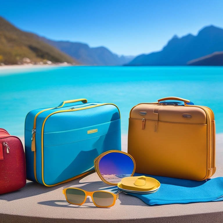 A vibrant travel scene featuring neatly organized packing cubes in various colors, surrounded by a suitcase, travel accessories like a passport and sunglasses, and a scenic backdrop of a sunny destination.