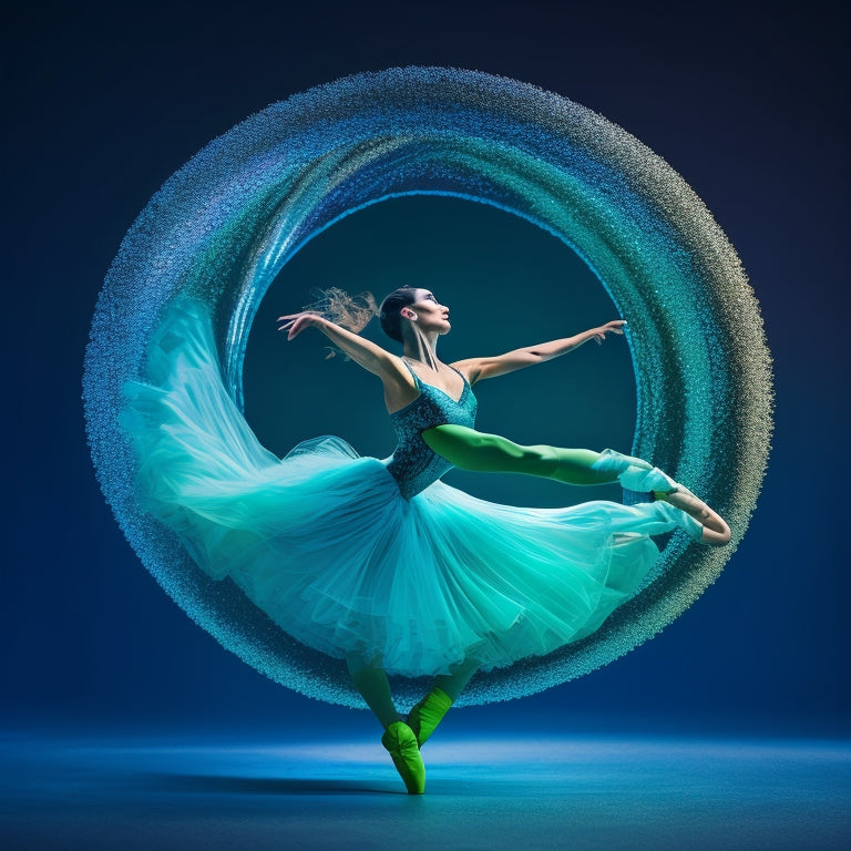 A serene, minimalist illustration featuring a ballet dancer in mid-pirouette, surrounded by subtle, swirling patterns of blue and green, evoking balance, harmony, and fluid motion.