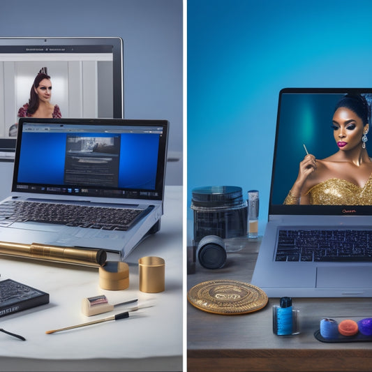 A split-screen image: on the left, a dance makeup artist's workstation with brushes, palettes, and mirrors; on the right, a laptop with a online course platform open, surrounded by certificates and diplomas.