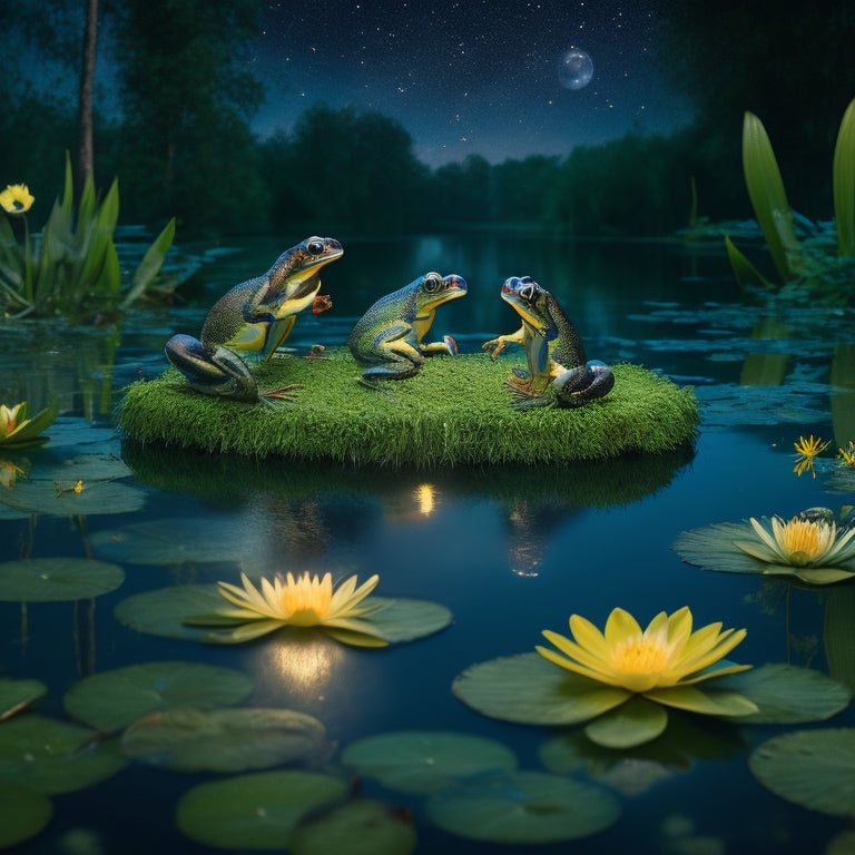 A whimsical illustration of a moonlit pond scene, featuring three frogs in various dance poses, surrounded by lush greenery, water lilies, and a few fireflies twinkling in the background.