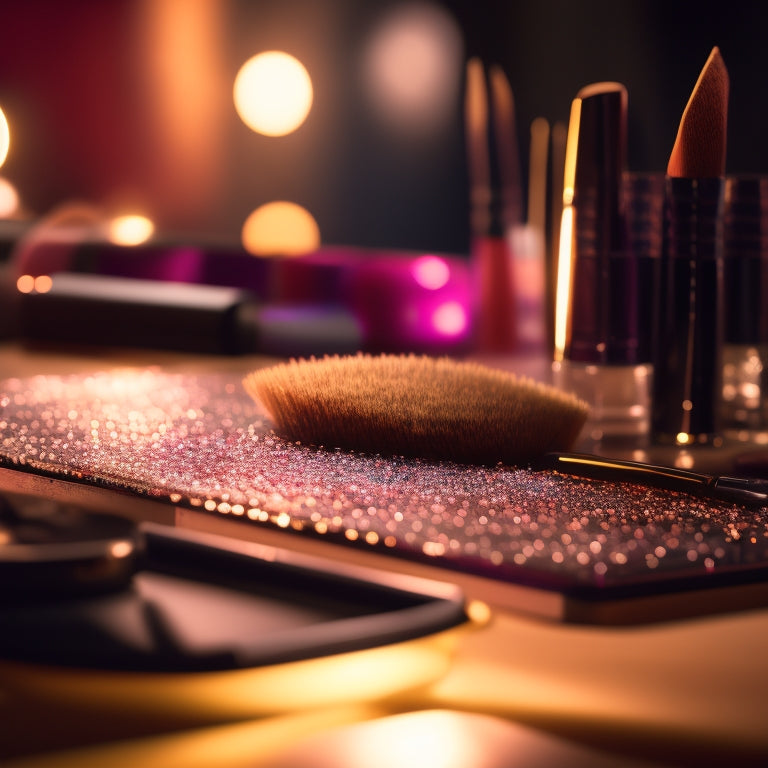 A close-up of a makeup brush resting on a dance-inspired makeup palette, surrounded by scattered dance-themed makeup worksheets, with a blurred-out mirror and stage lights in the background.