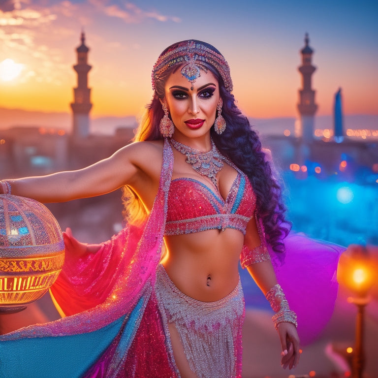 A mesmerizing belly dancer in a vibrant, ornate costume poses in front of a YouTube play button, surrounded by swirling Arabic patterns, with a subtle cityscape at dusk in the background.