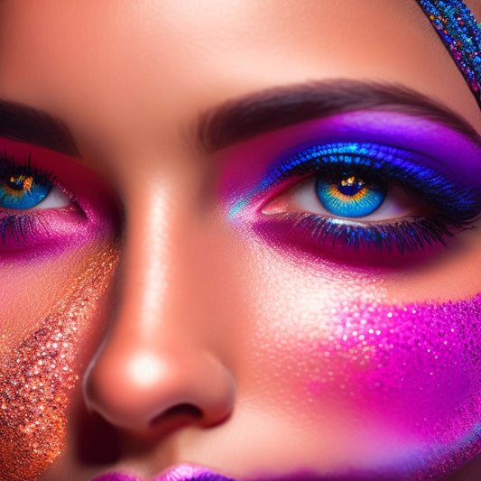 A close-up of a dancer's face, illuminated by a single spotlight, with vibrant, bold makeup colors and glittering eyeshadows, highlighting a dramatic, glamorous, and mesmerizing dance-inspired look.