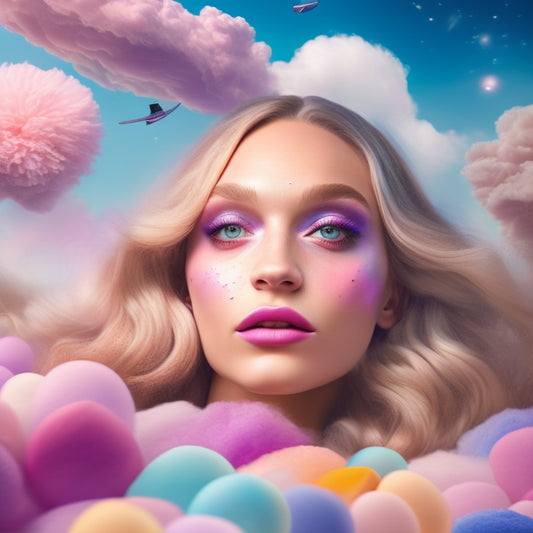 A whimsical, dreamy illustration of Maddie Ziegler surrounded by swirling clouds of colorful makeup, with brushes and palettes orbiting her like celestial bodies, amidst a soft, pastel-hued background with subtle glitter accents.