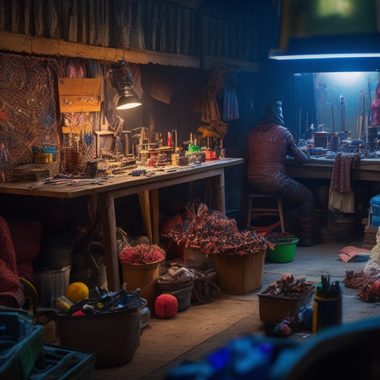 A colorful, dimly-lit scene featuring a cluttered DIY workshop with cardboard boxes, fabric scraps, and craft supplies, surrounded by half-finished Guardians of the Galaxy costumes and props.