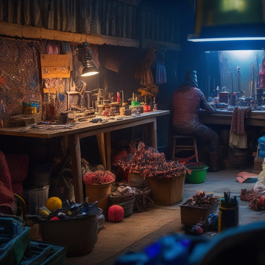 A colorful, dimly-lit scene featuring a cluttered DIY workshop with cardboard boxes, fabric scraps, and craft supplies, surrounded by half-finished Guardians of the Galaxy costumes and props.