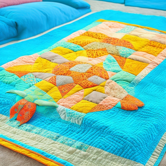 A vibrant lap quilt featuring a whimsical turtle dance design, with intricate paper-pieced turtles in shades of turquoise, yellow, and coral, set against a calming white and grey background.