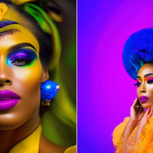 A vibrant, split-screen image featuring a dancer in a bold, colorful costume on one side, and a smartphone or tablet with a digital makeup tutorial playing on the screen on the other side.