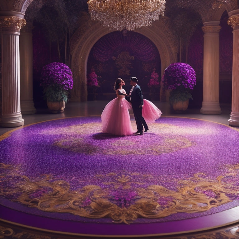 An elegant, ornate dance floor with a pair of dancing silhouettes, surrounded by swirling patterns of flowers, leaves, and ballroom-inspired elements in shades of gold, pink, and lavender.