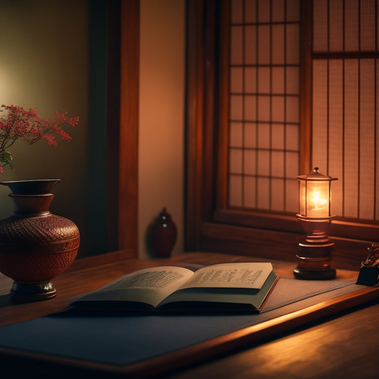 A serene, dimly lit dojo background with a few scattered traditional Japanese fans, an iPad displaying an open ebook with animated illustrations of martial arts moves, surrounded by subtle, glowing kanji characters.