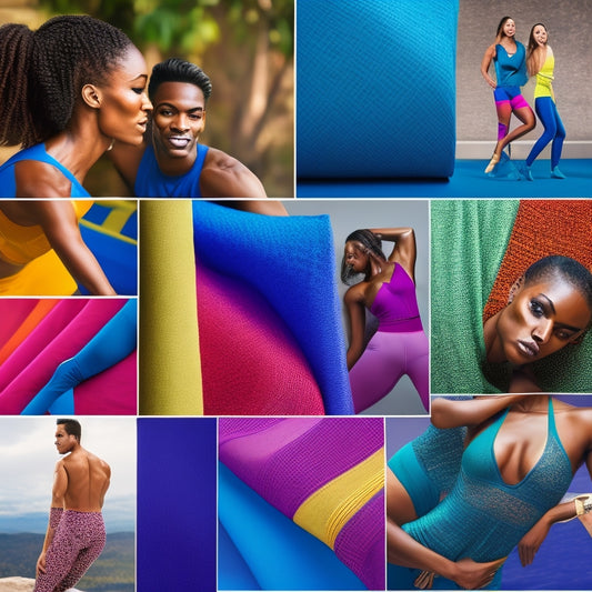 A vibrant collage of various four-way stretch fabrics, showcasing different textures, colors, and patterns. Display athletic wear, casual clothing, and dance attire draped elegantly, highlighting flexibility and versatility in a bright, airy setting.